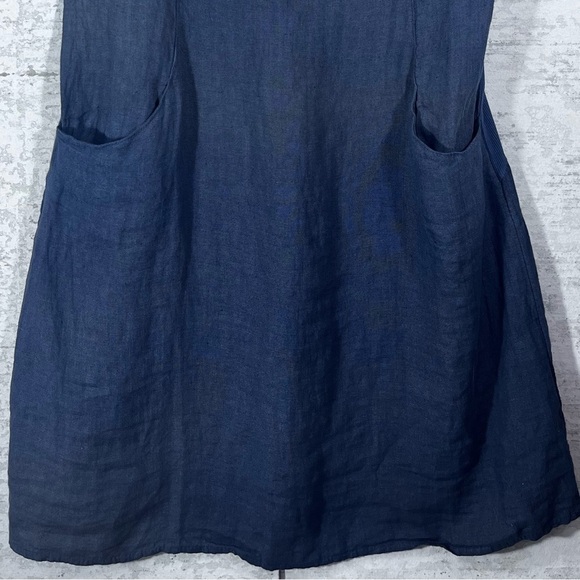 LINA TOMEI 100% Linen Blue Sleeveless Dress Beaded Neckline Side Pockets Size L - Picture 5 of 13